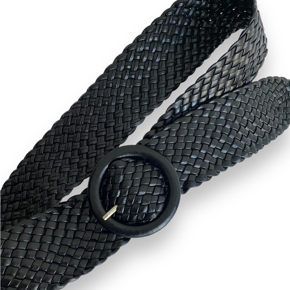 Vintage PVC Black Wide Braided  Belt Round Black Buckle 38” Woven Corset Belt - Picture 2 of 11